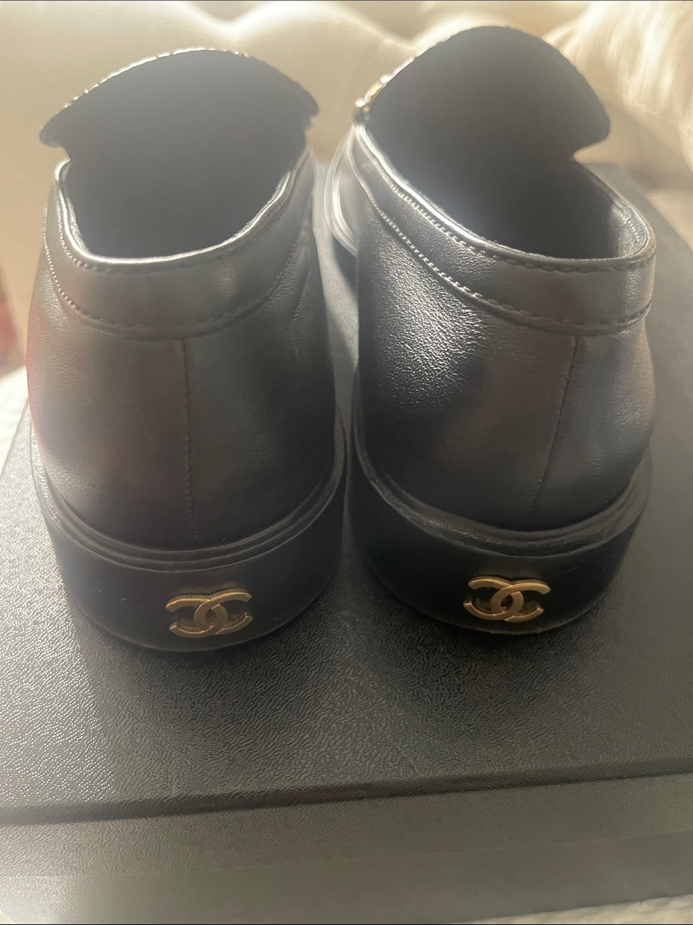 Authentic CHANEL Black Quilted Leather Pearl & Gold Chain Loafers - Picture 5 of 9